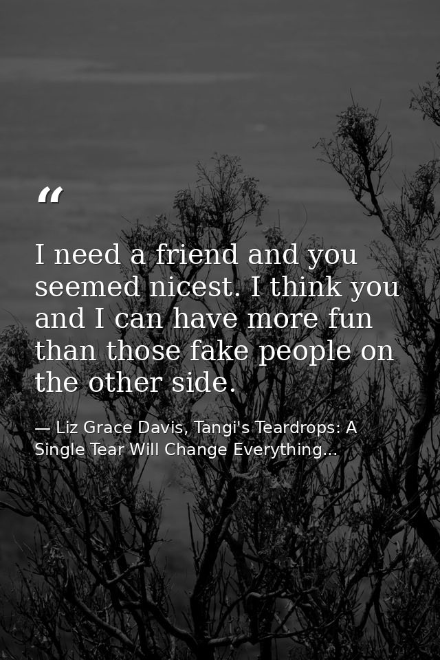 I need a friend and you seemed nicest. I think you and I can have more fun than those fake people on the other side. — Liz Grace Davis, Tangi's Teardrops: A Single Tear Will Change Everything...