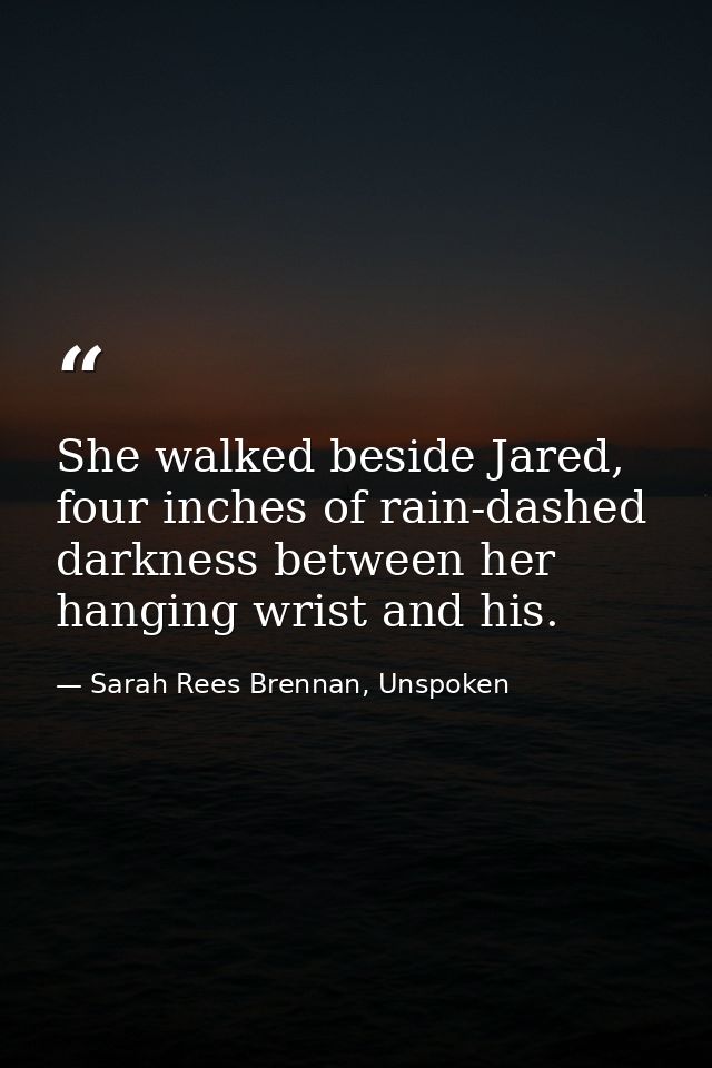 She walked beside Jared, four inches of rain-dashed darkness between her hanging wrist and his. — Sarah Rees Brennan, Unspoken