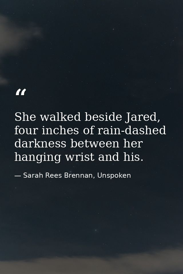 She walked beside Jared, four inches of rain-dashed darkness between her hanging wrist and his. — Sarah Rees Brennan, Unspoken