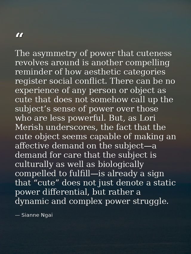 The asymmetry of power that cuteness revolves around is another compelling reminder of how aesthetic categories register — Sianne Ngai