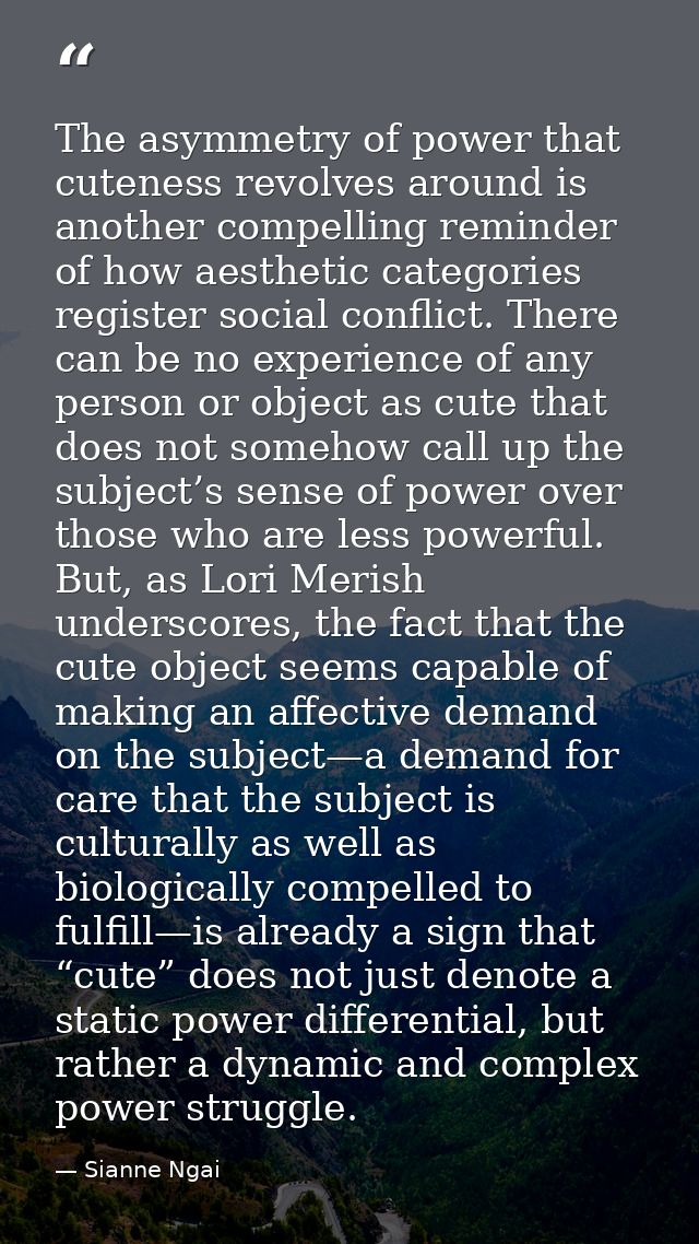 The asymmetry of power that cuteness revolves around is another compelling reminder of how aesthetic categories register — Sianne Ngai