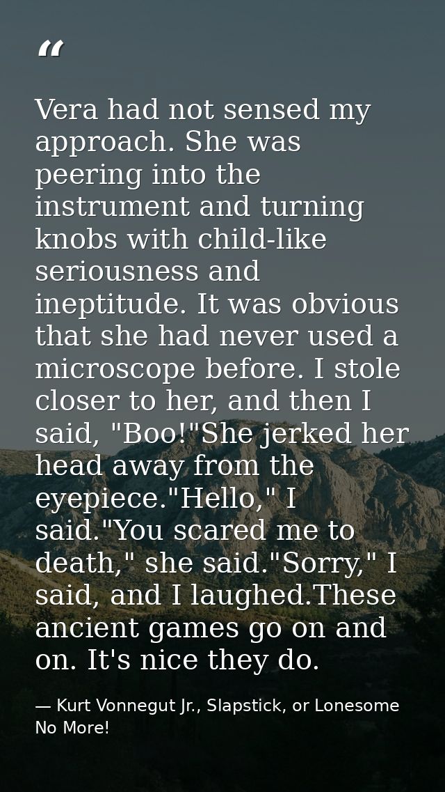 Vera had not sensed my approach. She was peering into the instrument and turning knobs with child-like seriousness and i — Kurt Vonnegut Jr., Slapstick, or Lonesome No More!