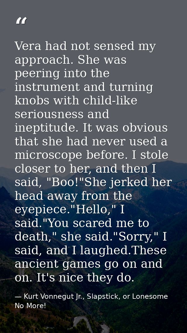 Vera had not sensed my approach. She was peering into the instrument and turning knobs with child-like seriousness and i — Kurt Vonnegut Jr., Slapstick, or Lonesome No More!
