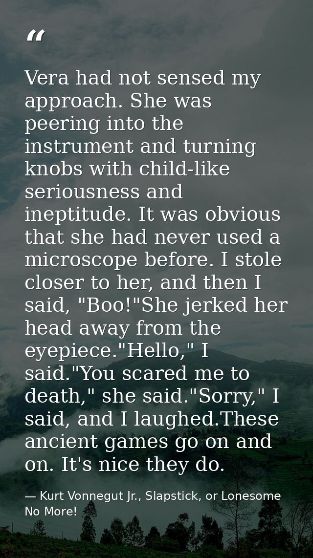 Vera had not sensed my approach. She was peering into the instrument and turning knobs with child-like seriousness and i — Kurt Vonnegut Jr., Slapstick, or Lonesome No More!