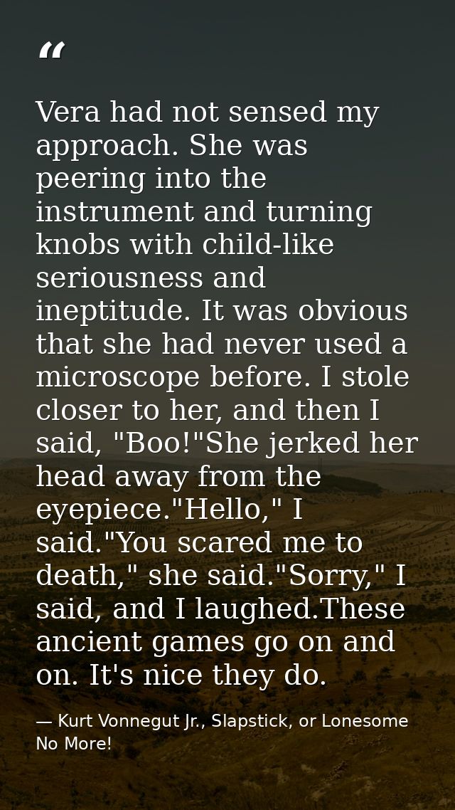 Vera had not sensed my approach. She was peering into the instrument and turning knobs with child-like seriousness and i — Kurt Vonnegut Jr., Slapstick, or Lonesome No More!