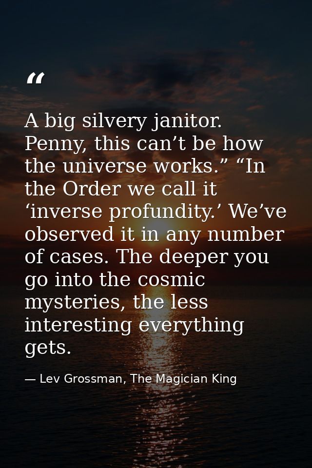A big silvery janitor. Penny, this can’t be how the universe works.” “In the Order we call it ‘inverse profundity.’ We’v — Lev Grossman, The Magician King