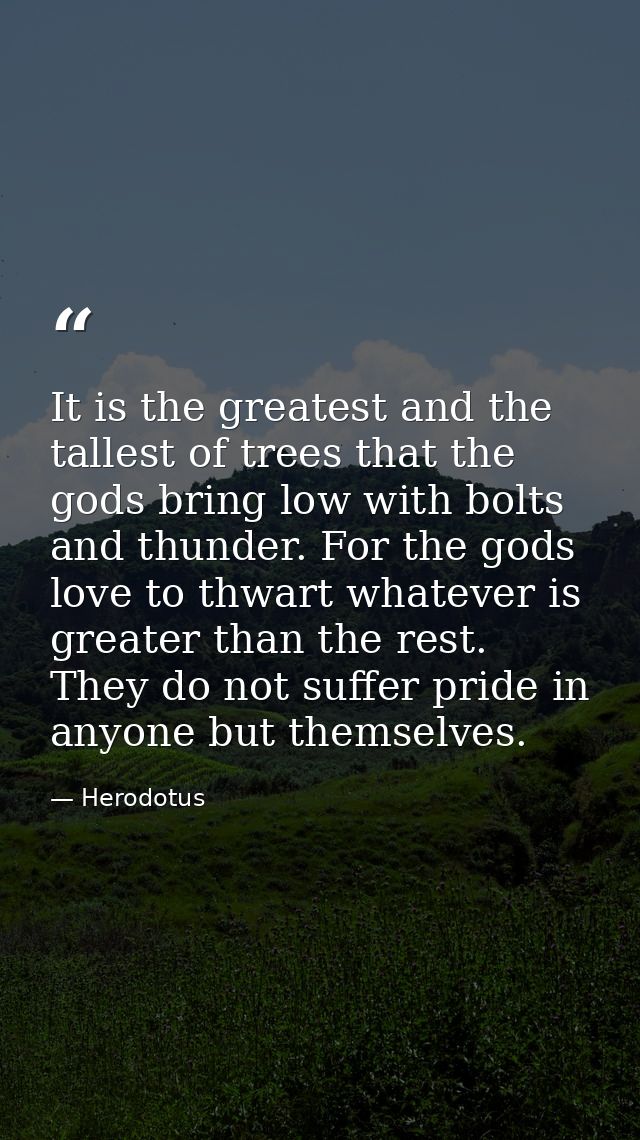 It is the greatest and the tallest of trees that the gods bring low with bolts and thunder. For the gods love to thwart  — Herodotus