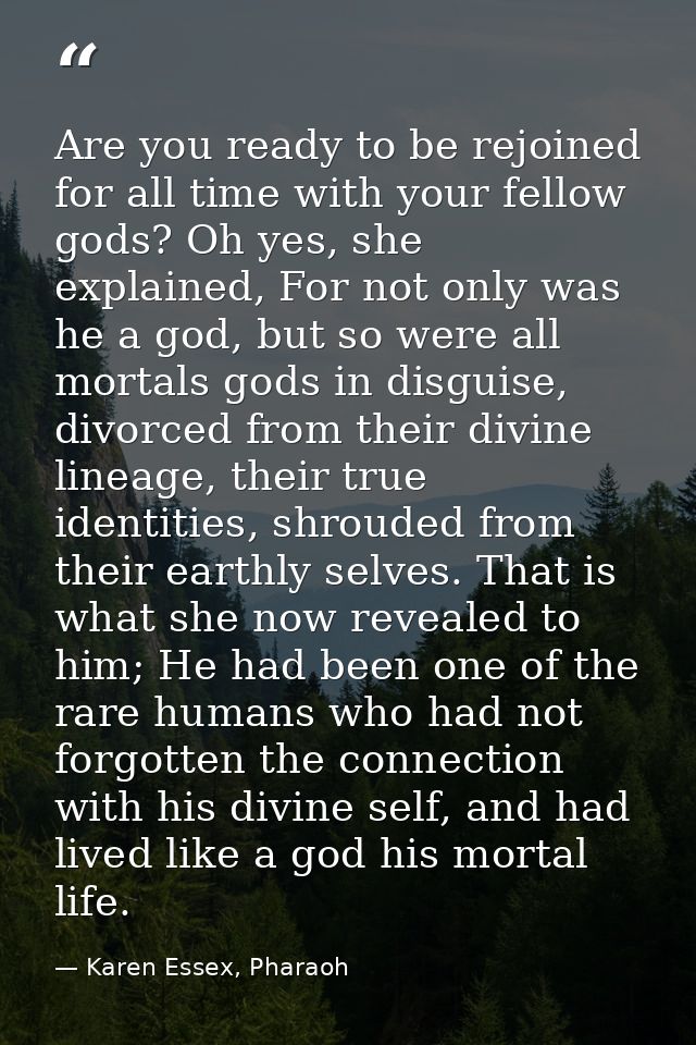 Are you ready to be rejoined for all time with your fellow gods? Oh yes, she explained, For not only was he a god, but s — Karen Essex, Pharaoh