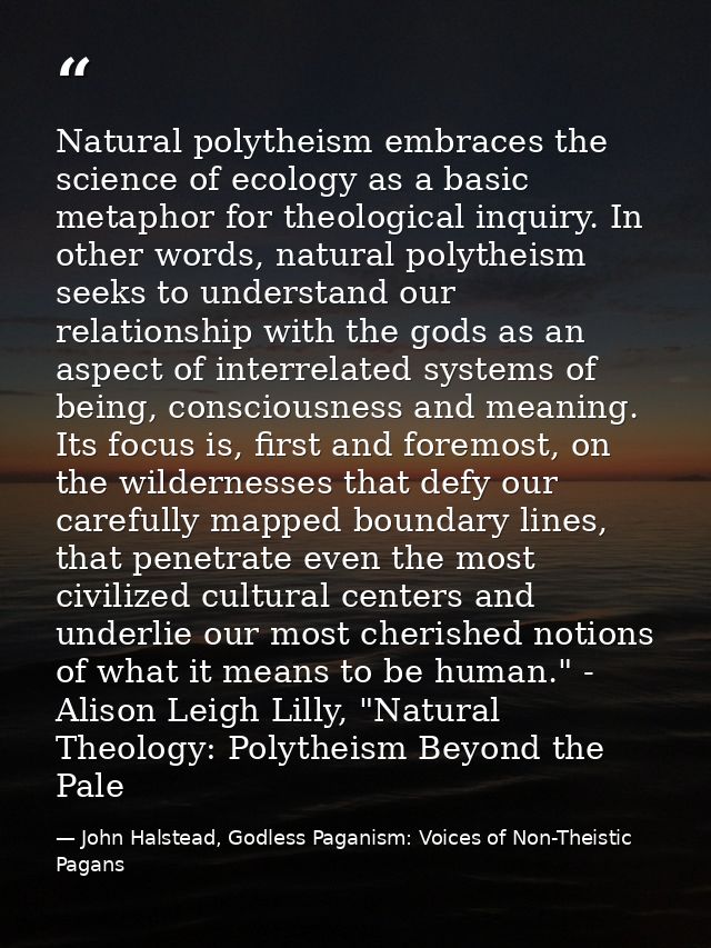 Natural polytheism embraces the science of ecology as a basic metaphor for theological inquiry. In other words, natural  — John Halstead, Godless Paganism: Voices of Non-Theistic Pagans