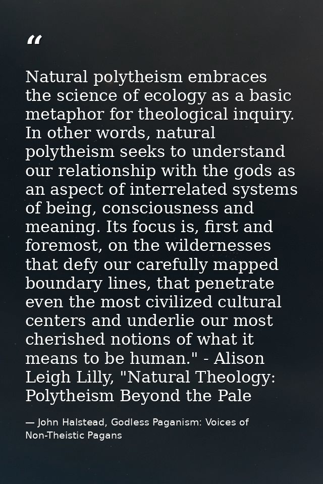 Natural polytheism embraces the science of ecology as a basic metaphor for theological inquiry. In other words, natural  — John Halstead, Godless Paganism: Voices of Non-Theistic Pagans