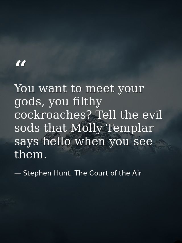 You want to meet your gods, you filthy cockroaches? Tell the evil sods that Molly Templar says hello when you see them. — Stephen Hunt, The Court of the Air
