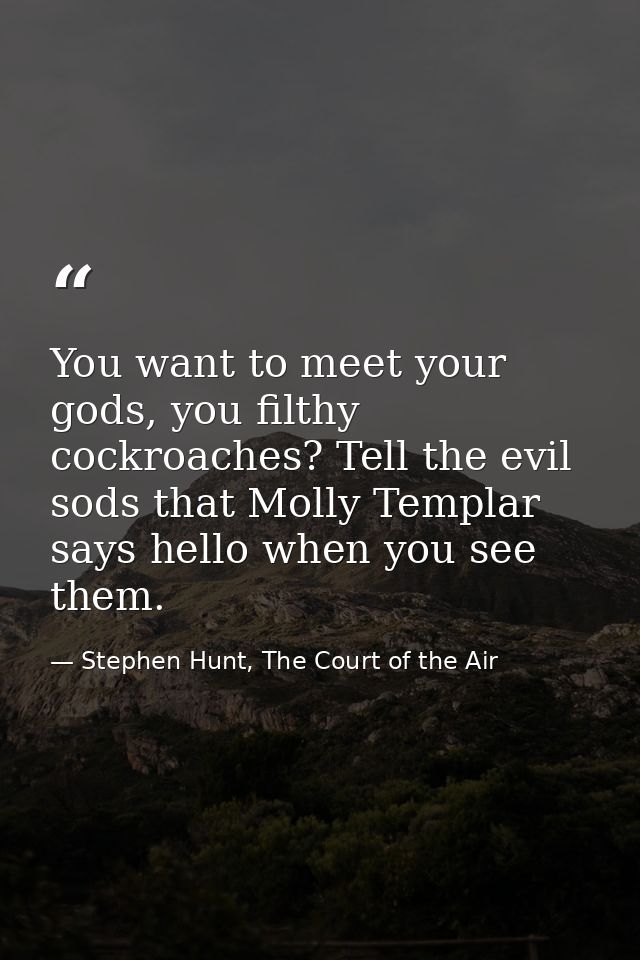 You want to meet your gods, you filthy cockroaches? Tell the evil sods that Molly Templar says hello when you see them. — Stephen Hunt, The Court of the Air