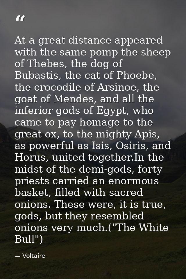 At a great distance appeared with the same pomp the sheep of Thebes, the dog of Bubastis, the cat of Phoebe, the crocodi — Voltaire