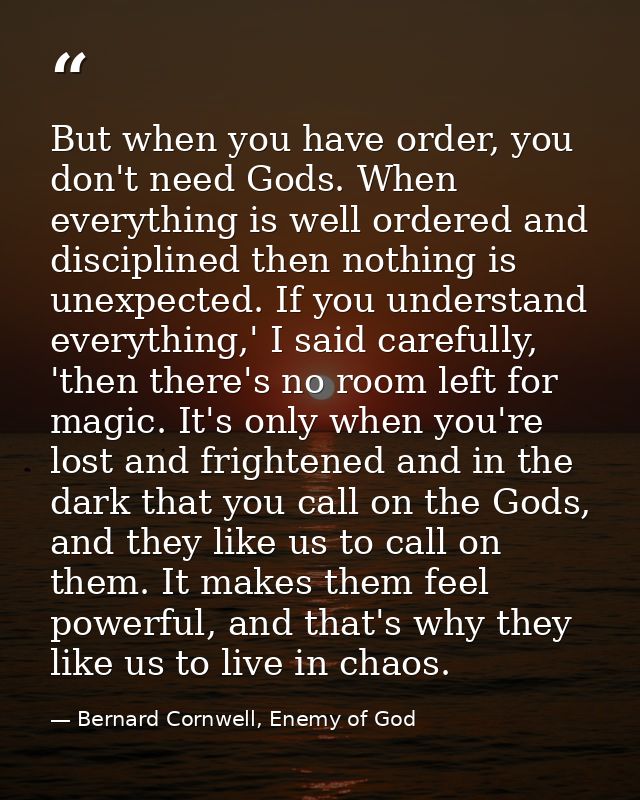 But when you have order, you don't need Gods. When everything is well ordered and disciplined then nothing is unexpected — Bernard Cornwell, Enemy of God
