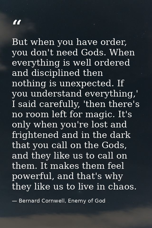 But when you have order, you don't need Gods. When everything is well ordered and disciplined then nothing is unexpected — Bernard Cornwell, Enemy of God