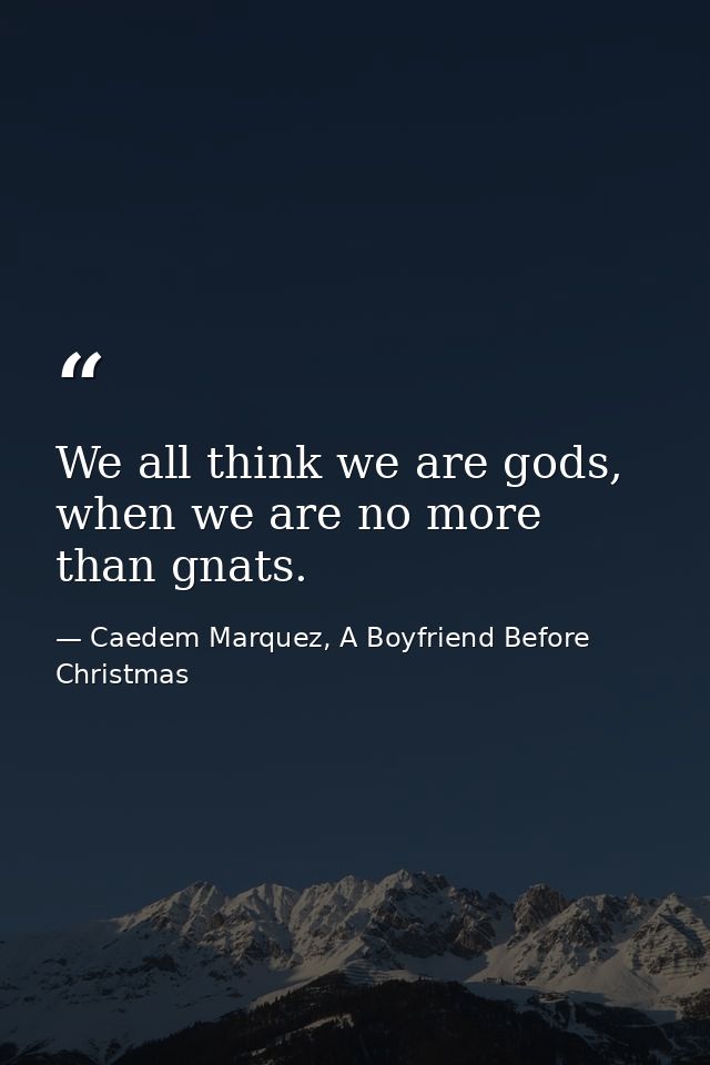 We all think we are gods, when we are no more than gnats. — Caedem Marquez, A Boyfriend Before Christmas