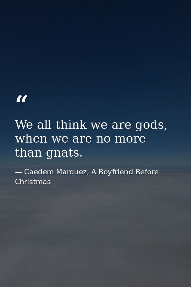 We all think we are gods, when we are no more than gnats. — Caedem Marquez, A Boyfriend Before Christmas