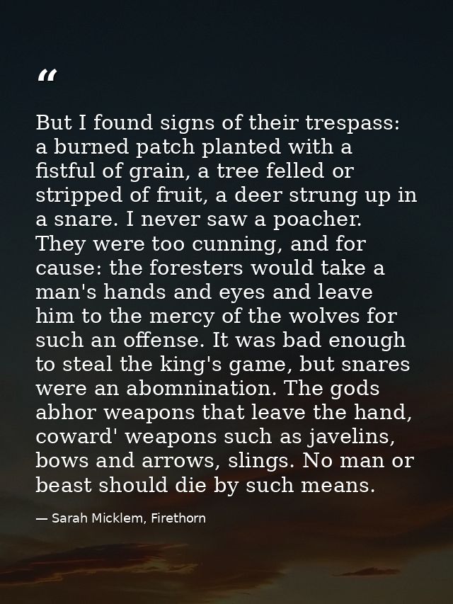 But I found signs of their trespass: a burned patch planted with a fistful of grain, a tree felled or stripped of fruit, — Sarah Micklem, Firethorn