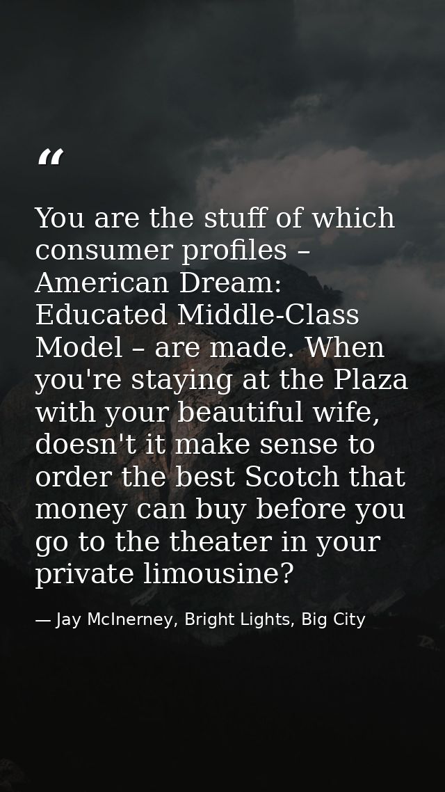 You are the stuff of which consumer profiles – American Dream: Educated Middle-Class Model – are made. When you're stayi — Jay McInerney, Bright Lights, Big City