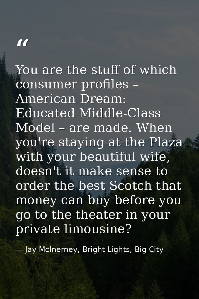 You are the stuff of which consumer profiles – American Dream: Educated Middle-Class Model – are made. When you're stayi — Jay McInerney, Bright Lights, Big City
