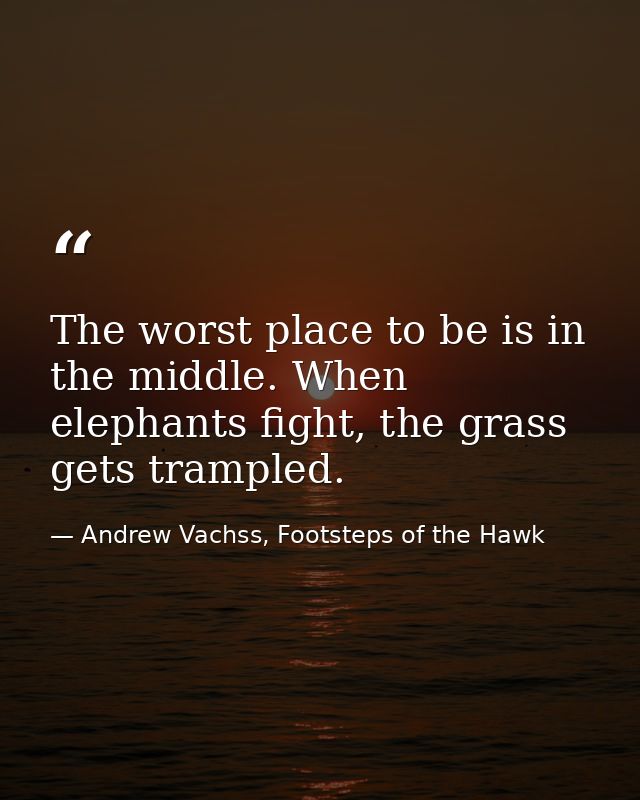 The worst place to be is in the middle. When elephants fight, the grass gets trampled. — Andrew Vachss, Footsteps of the Hawk