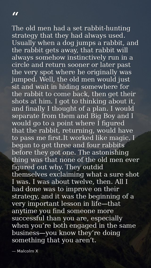 The old men had a set rabbit-hunting strategy that they had always used. Usually when a dog jumps a rabbit, and the rabb — Malcolm X