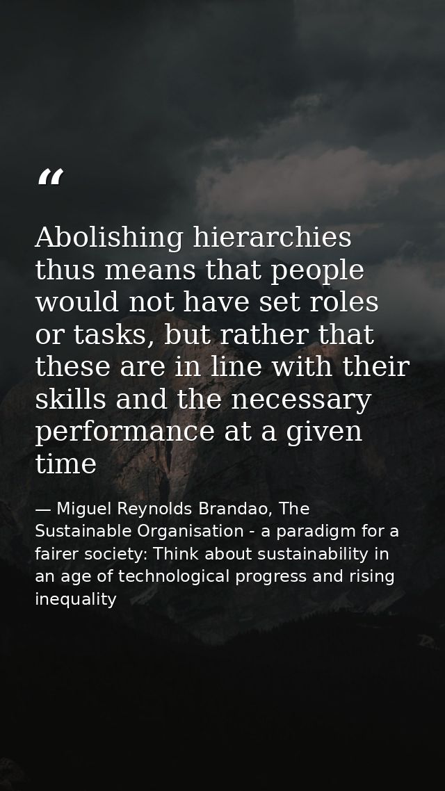 Abolishing hierarchies thus means that people would not have set roles or tasks, but rather that these are in line with  — Miguel Reynolds Brandao, The Sustainable Organisation - a paradigm for a fairer society: Think about sustainability in an age of technological progress and rising inequality