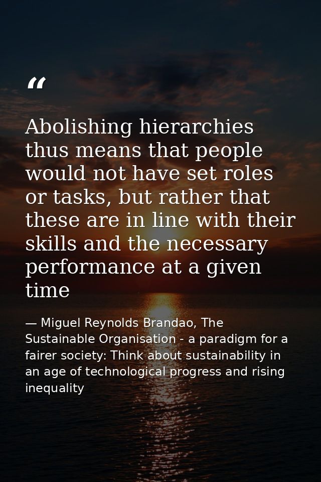 Abolishing hierarchies thus means that people would not have set roles or tasks, but rather that these are in line with  — Miguel Reynolds Brandao, The Sustainable Organisation - a paradigm for a fairer society: Think about sustainability in an age of technological progress and rising inequality
