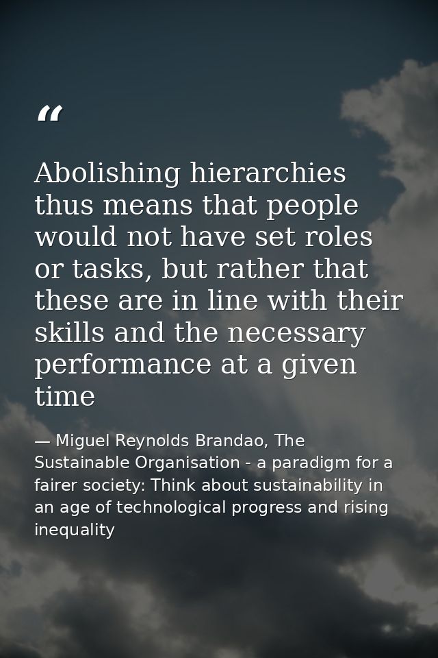 Abolishing hierarchies thus means that people would not have set roles or tasks, but rather that these are in line with  — Miguel Reynolds Brandao, The Sustainable Organisation - a paradigm for a fairer society: Think about sustainability in an age of technological progress and rising inequality