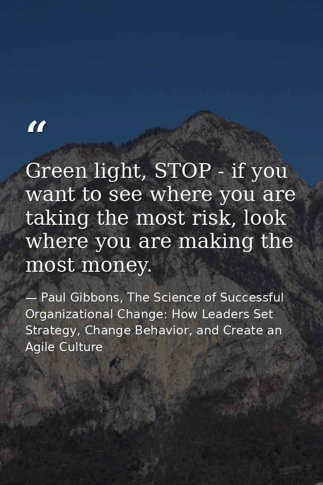 Green light, STOP - if you want to see where you are taking the most risk, look where you are making the most money. — Paul Gibbons, The Science of Successful Organizational Change: How Leaders Set Strategy, Change Behavior, and Create an Agile Culture