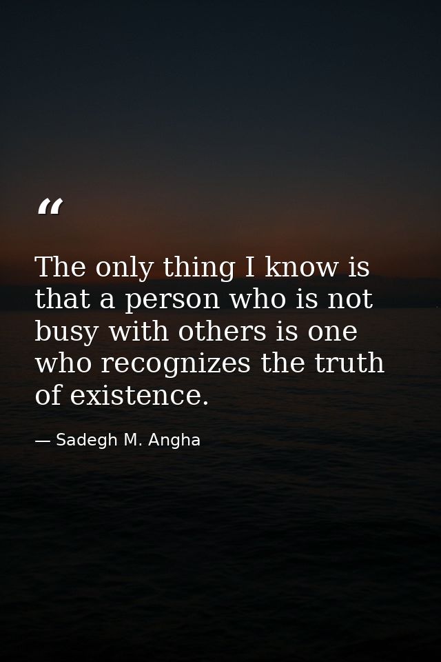 The only thing I know is that a person who is not busy with others is one who recognizes the truth of existence. — Sadegh M. Angha