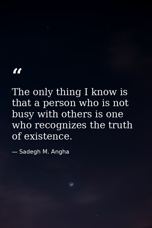 The only thing I know is that a person who is not busy with others is one who recognizes the truth of existence. — Sadegh M. Angha