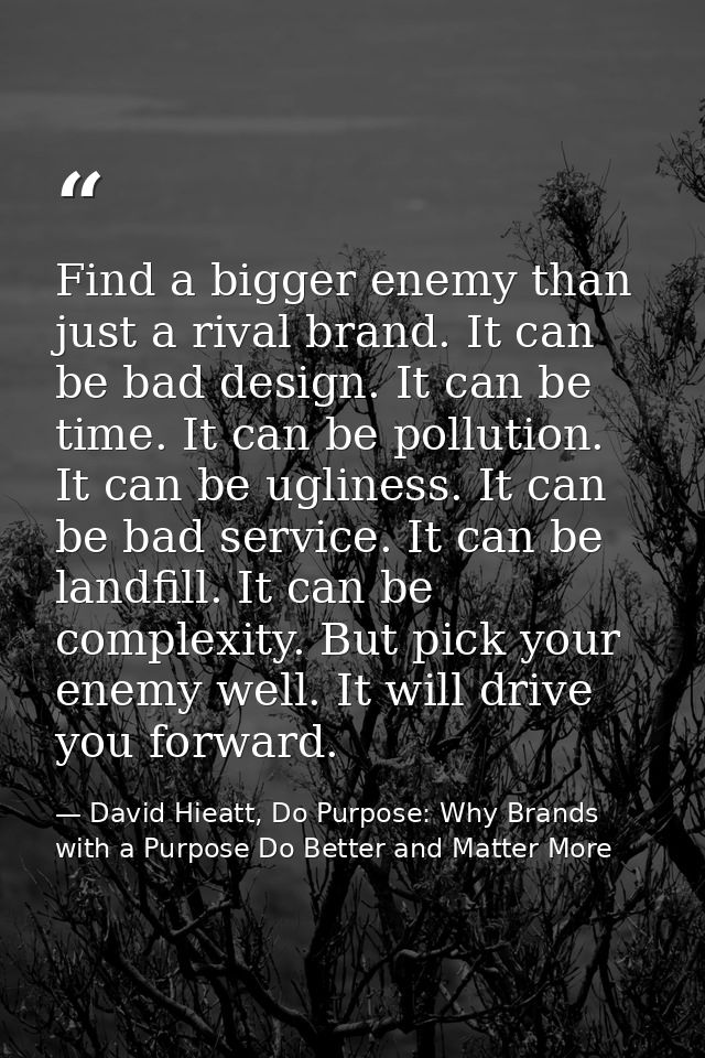 Find a bigger enemy than just a rival brand. It can be bad design. It can be time. It can be pollution. It can be ugline — David Hieatt, Do Purpose: Why Brands with a Purpose Do Better and Matter More
