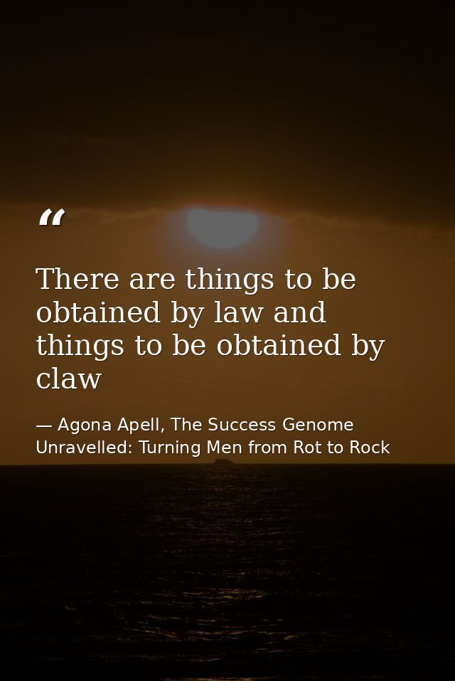 There are things to be obtained by law and things to be obtained by claw — Agona Apell, The Success Genome Unravelled: Turning Men from Rot to Rock