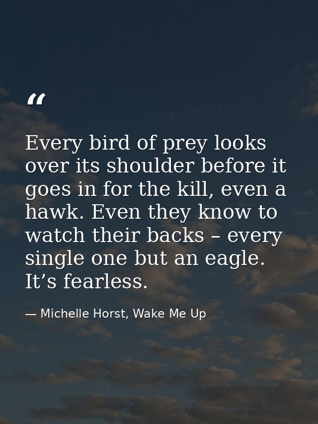 Every bird of prey looks over its shoulder before it goes in for the kill, even a hawk. Even they know to watch their ba — Michelle Horst, Wake Me Up