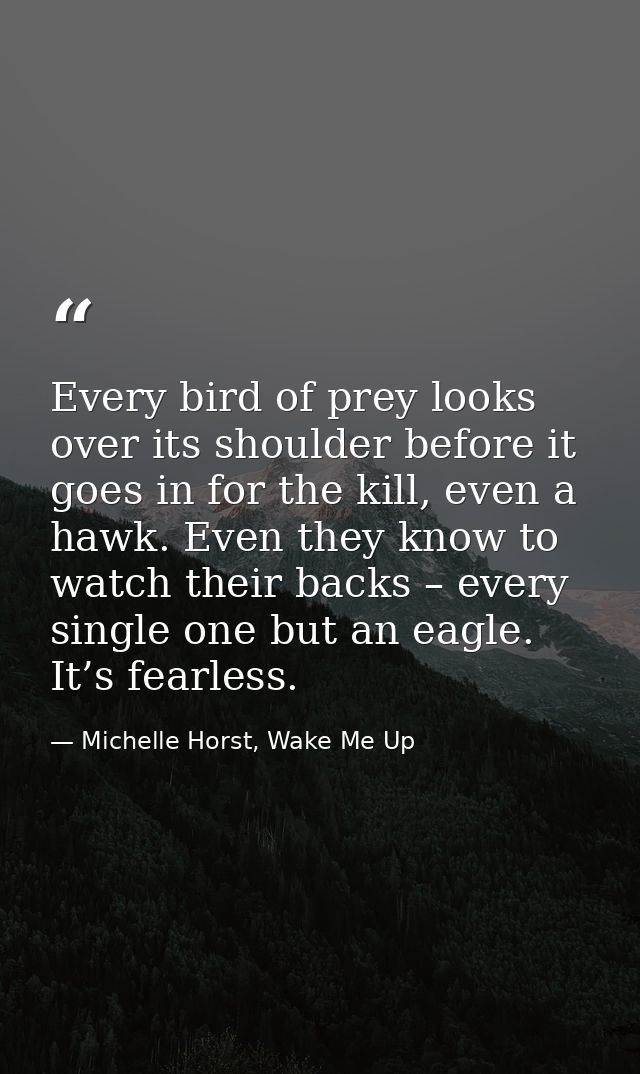 Every bird of prey looks over its shoulder before it goes in for the kill, even a hawk. Even they know to watch their ba — Michelle Horst, Wake Me Up