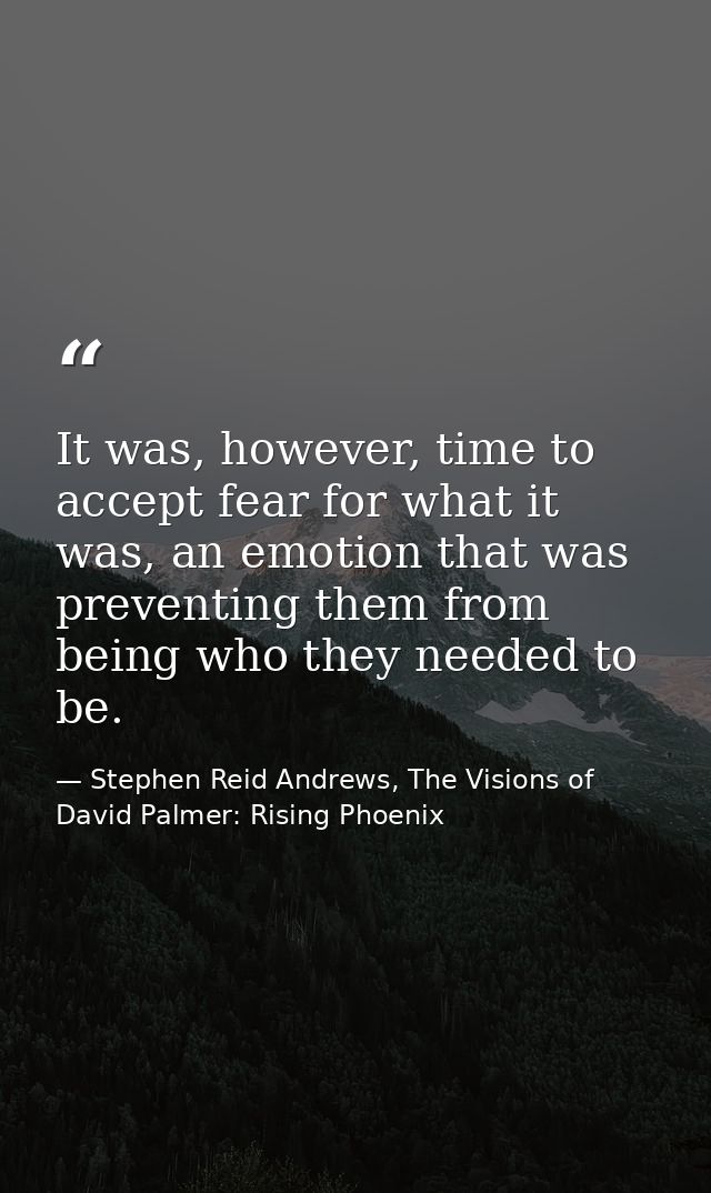It was, however, time to accept fear for what it was, an emotion that was preventing them from being who they needed to  — Stephen Reid Andrews, The Visions of David Palmer: Rising Phoenix