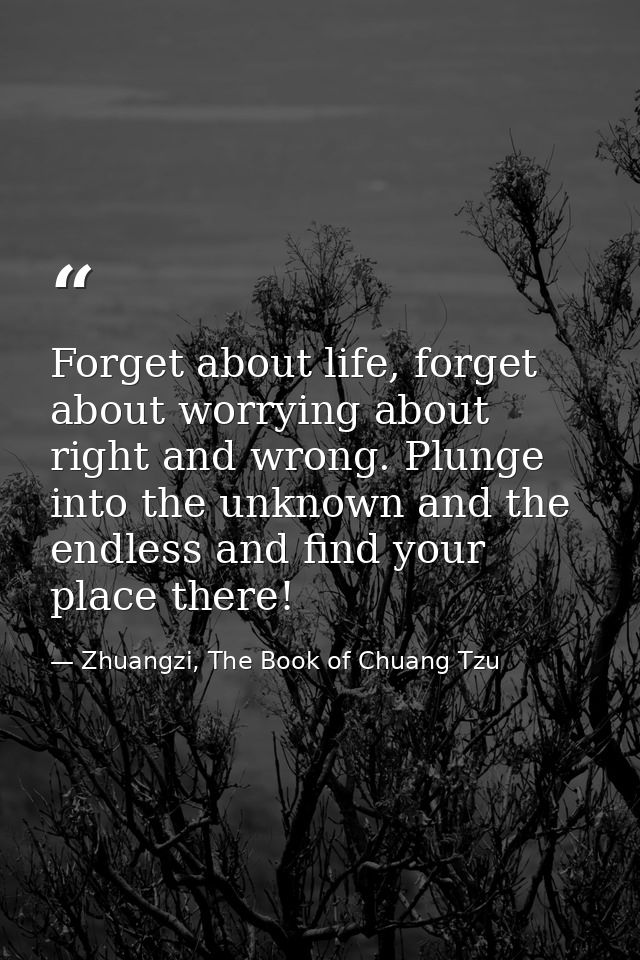 Forget about life, forget about worrying about right and wrong. Plunge into the unknown and the endless and find your pl — Zhuangzi, The Book of Chuang Tzu