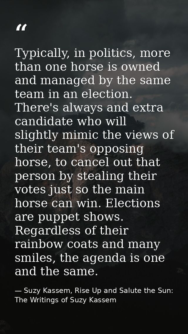 Typically, in politics, more than one horse is owned and managed by the same team in an election. There's always and ext — Suzy Kassem, Rise Up and Salute the Sun: The Writings of Suzy Kassem