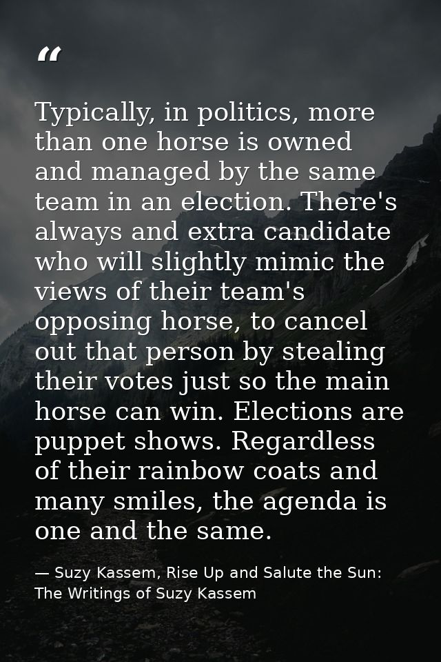 Typically, in politics, more than one horse is owned and managed by the same team in an election. There's always and ext — Suzy Kassem, Rise Up and Salute the Sun: The Writings of Suzy Kassem