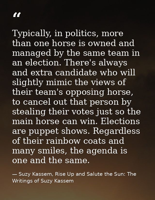 Typically, in politics, more than one horse is owned and managed by the same team in an election. There's always and ext — Suzy Kassem, Rise Up and Salute the Sun: The Writings of Suzy Kassem