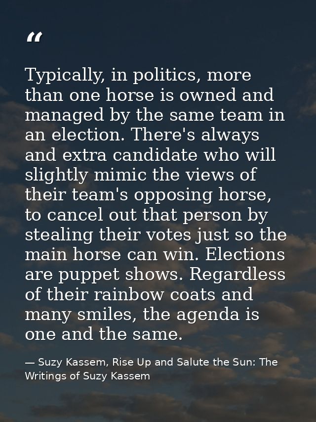 Typically, in politics, more than one horse is owned and managed by the same team in an election. There's always and ext — Suzy Kassem, Rise Up and Salute the Sun: The Writings of Suzy Kassem