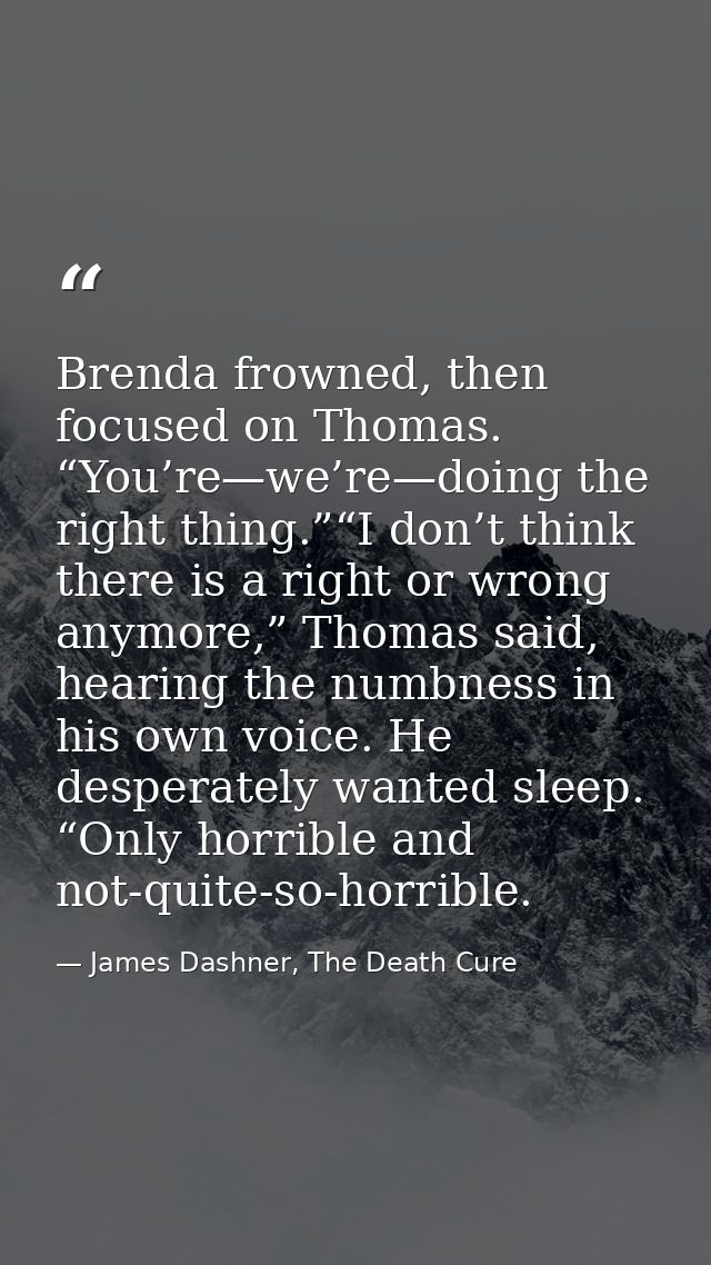 Brenda frowned, then focused on Thomas. “You’re—we’re—doing the right thing.”“I don’t think there is a right or wrong an — James Dashner, The Death Cure
