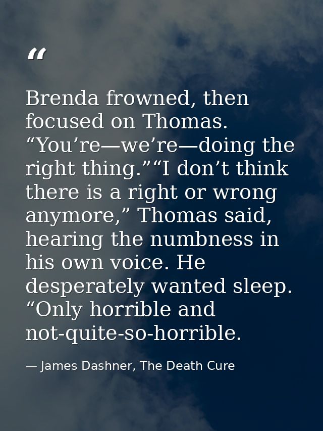 Brenda frowned, then focused on Thomas. “You’re—we’re—doing the right thing.”“I don’t think there is a right or wrong an — James Dashner, The Death Cure