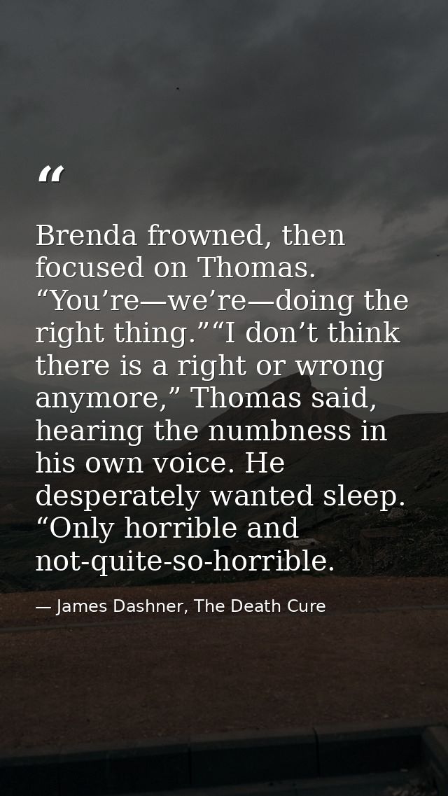 Brenda frowned, then focused on Thomas. “You’re—we’re—doing the right thing.”“I don’t think there is a right or wrong an — James Dashner, The Death Cure