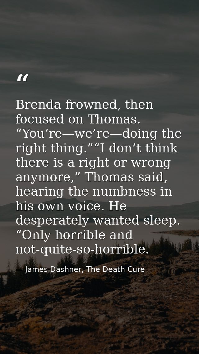 Brenda frowned, then focused on Thomas. “You’re—we’re—doing the right thing.”“I don’t think there is a right or wrong an — James Dashner, The Death Cure