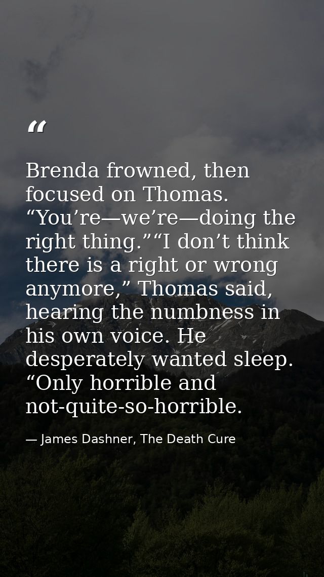Brenda frowned, then focused on Thomas. “You’re—we’re—doing the right thing.”“I don’t think there is a right or wrong an — James Dashner, The Death Cure