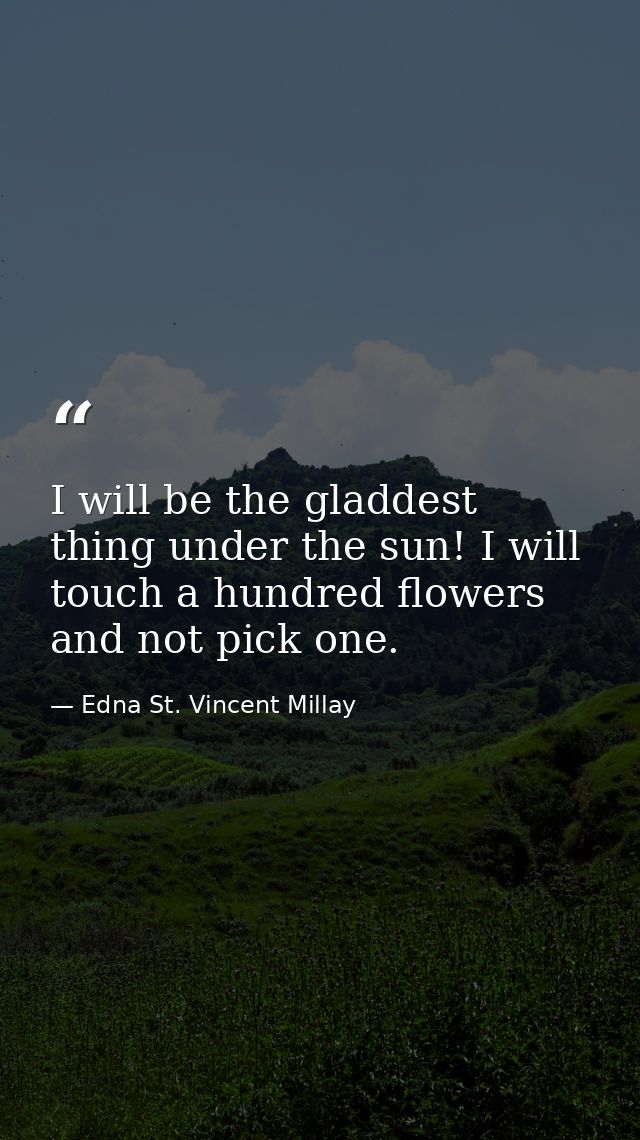 I will be the gladdest thing under the sun! I will touch a hundred flowers and not pick one. — Edna St. Vincent Millay