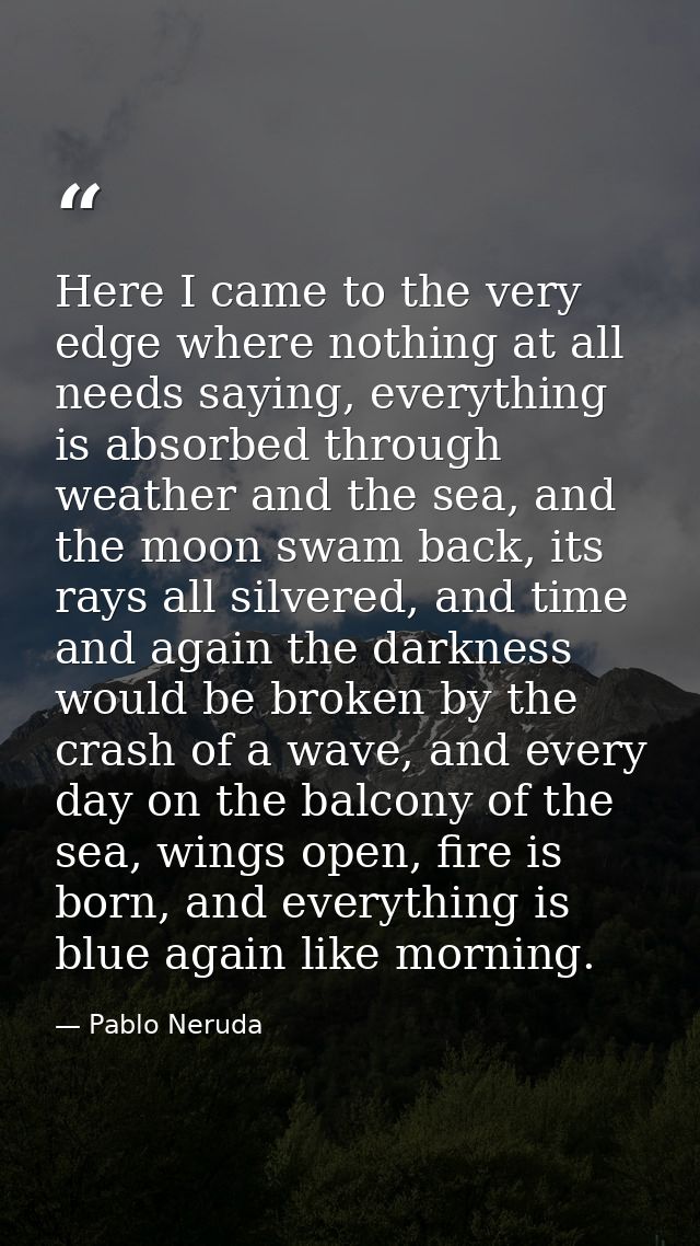 Here I came to the very edge where nothing at all needs saying, everything is absorbed through weather and the sea, and  — Pablo Neruda