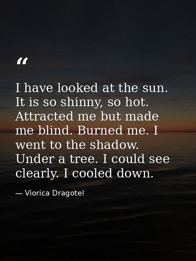 I have looked at the sun. It is so shinny, so hot. Attracted me but made me blind. Burned me. I went to the shadow. Unde — Viorica Dragotel